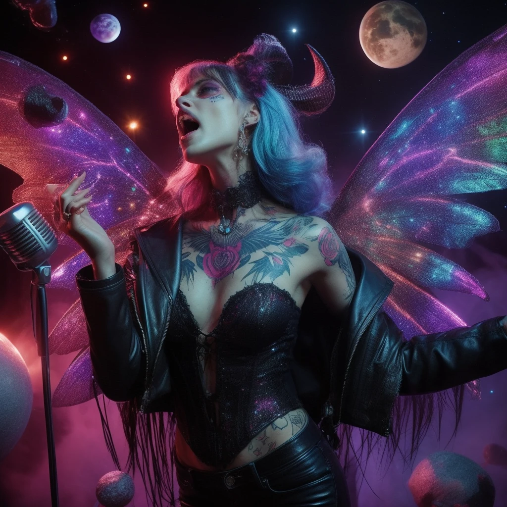 “Mumta, with iridescent wings that shimmer like stardust, prowls the neon-lit stages of distant planets. Her voice, a haunting blend of melancholy and rebellion, echoes through asteroid-filled arenas. Dressed in tattered leather and adorned with cosmic tattoos, she belts out lyrics that speak of love lost across galaxies. Fangs peek out from her crimson lips as she croons, captivating both mortals and extraterrestrials alike.” 🌟🎤🌌