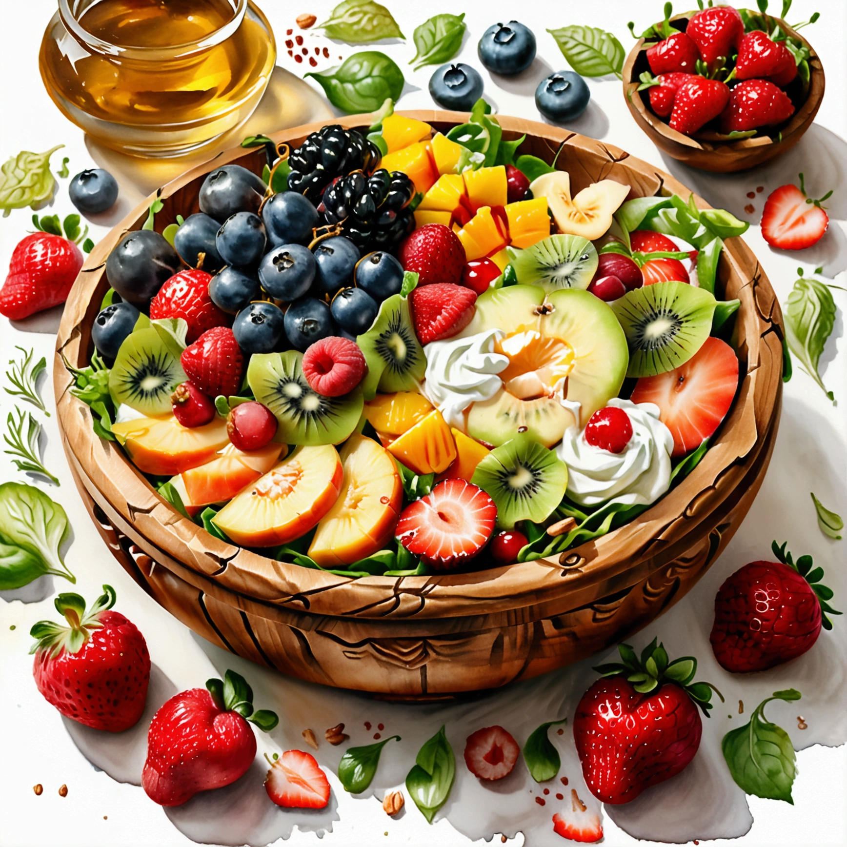 Il y a un bol de salade composé de différents fruits , frais et crémeux, avec de la crème blanche et de la mayonnaise, servie dans un bol en bois médiéval élégant, illustration, ingrédients de pâtisserie, isolé avec un fond blanc uni, entouré d&#39;un espace négatif, composition centrée, 8k, peinture la plus détaillée, peinture très précise, Isolé, fond blanc uni clair, angle de vue en perspective, ((aquarelle:1)), clipart, (lora:ajouter-détail-xl:1), (chef-d&#39;œuvre), (Meilleure qualité), pas de pain par terre,