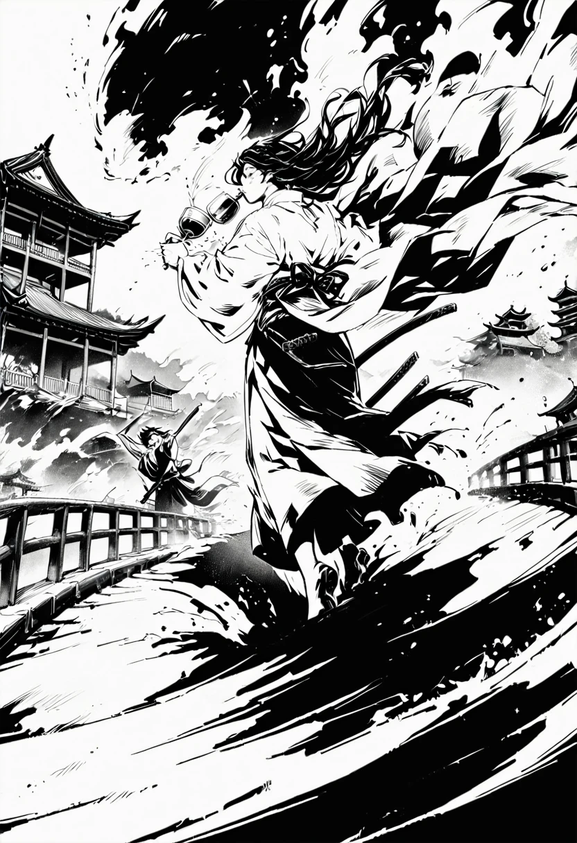 Ink painting,Black and white painting,splash,alone, Long Hair, arms, sword, drinking, Holding, One boy, Holding arms, Floating Hair, Holding sword, kimono, Outdoor, whole body, Are standing, Long sleeve, sash, cup, Raise your hand, knife, Wide sleeves, Wind, east asian architecture, sheath, architecture, walking, kimono, Holding cup, sheathに収められた
