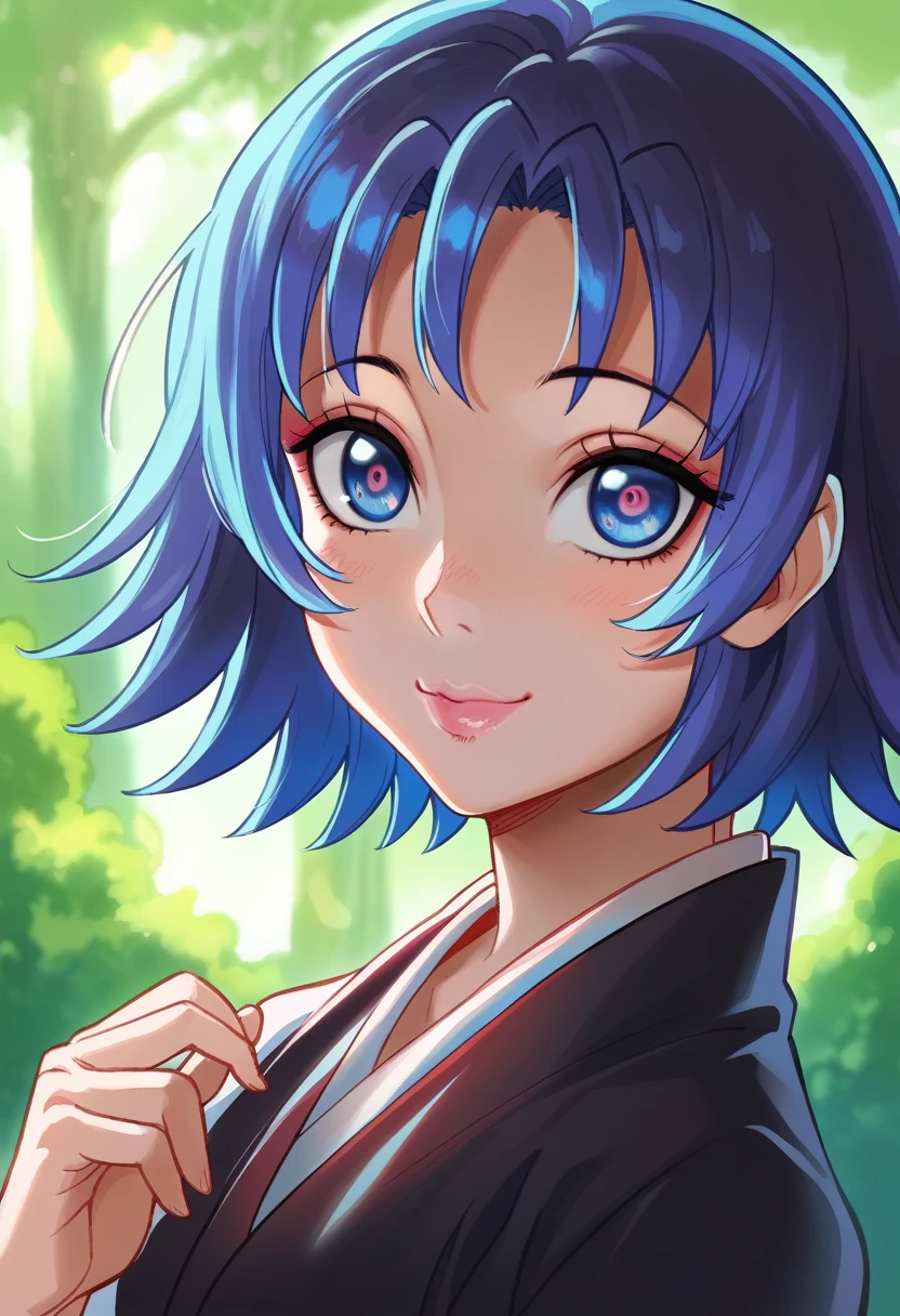 a cartoon character from Demon Slayer, 1girl, beautiful detailed eyes, beautiful detailed lips, extremely cute, smile cute, black and BLUE hair, BLUE Eyes,  usando uma saia, e vestindo um Haori branco, olhos azuis oceano, fundo de dia, background light day Forest. 