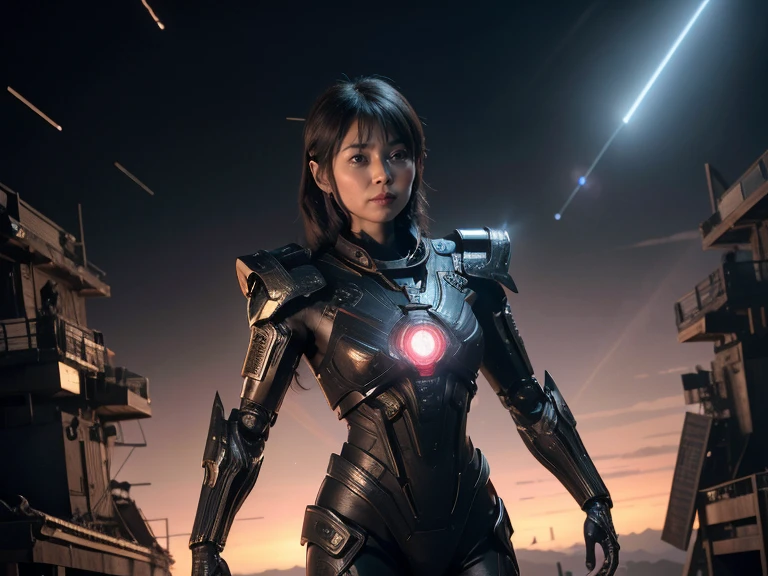 (RAW Photos, Highest quality), (Realistic, Realistic:1.3), 1 Girl、Realisticbody、Red light combat suit、Meteor warrior flying from space、Fighting the reptilian aliens、Laser reflection diffusion、Small Shield、Planetary explosion、Robot Soldier