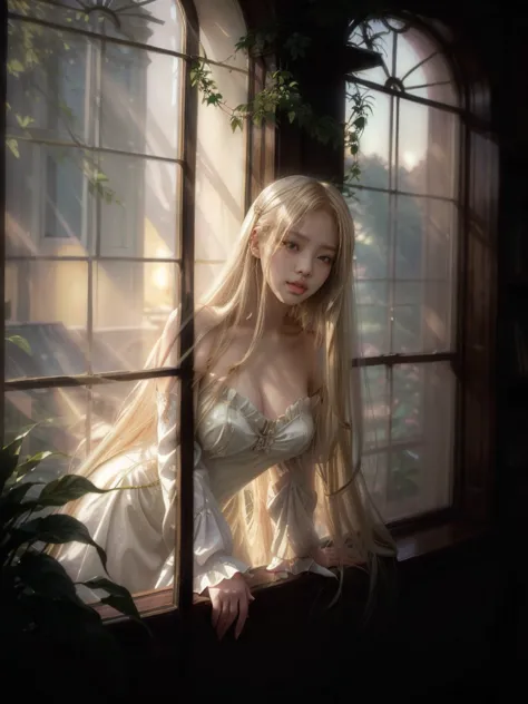 blonde haired woman big natural breasts  in white dress victorian era l peeking out the window surrounded by plants  while her l...