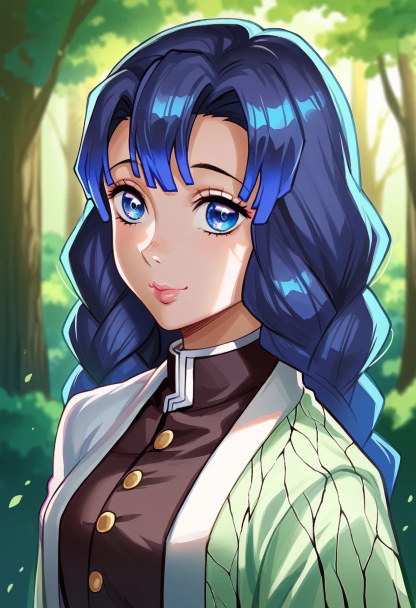 a cartoon character from Demon Slayer, 1girl, beautiful detailed eyes, beautiful detailed lips, extremely cute, smile cute, black and BLUE hair, BLUE Eyes,  usando uma saia, e vestindo um Haori branco, olhos azuis oceano, fundo de dia, background light day Forest. Kimetsu no Yaiba/Demon Slayer 