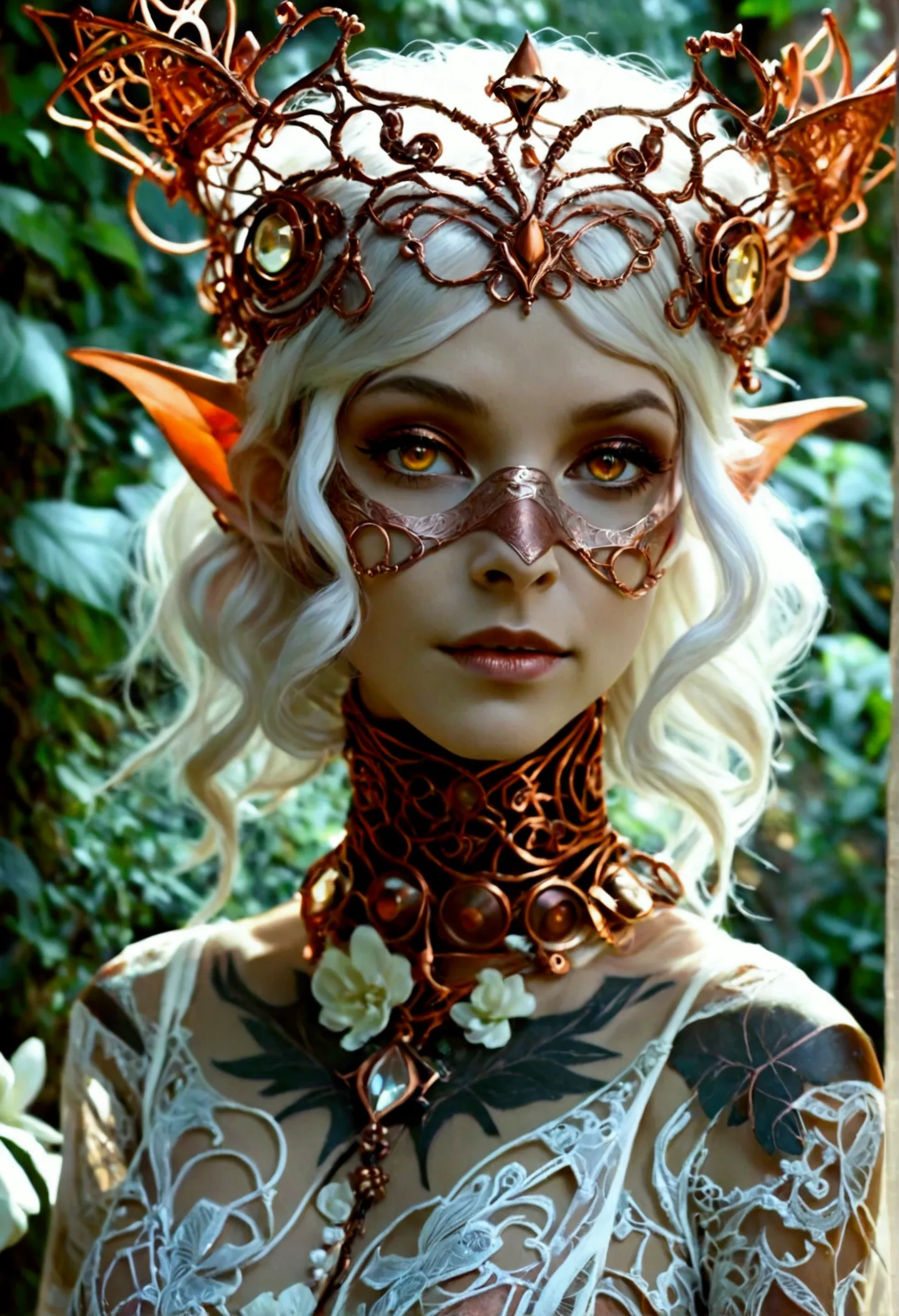 steampunk inspired goblin princess. copper wire necklaces and bangles. crown of fine copper wire. copper coloured tatoos cover h...