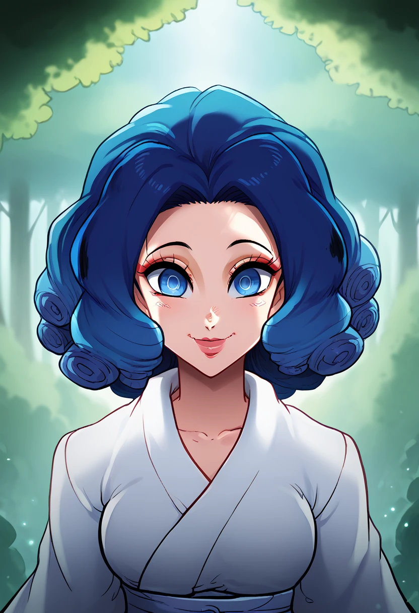 a cartoon character from Demon Slayer, 1girl, beautiful detailed eyes, beautiful detailed lips, extremely cute, smile cute, black and BLUE hair, BLUE Eyes,  usando uma saia, e vestindo um Haori branco, olhos azuis oceano, fundo de dia, background light day Forest. 