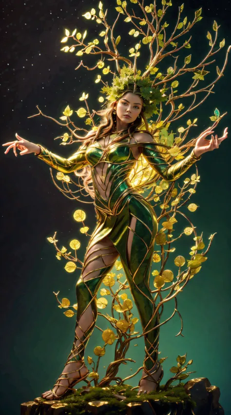 Plant Girl，Vine Princess，The Witch of Thorns，Beautiful line art photos，Use gold strokes and rainbow paint，Golden Maiden，Golden R...