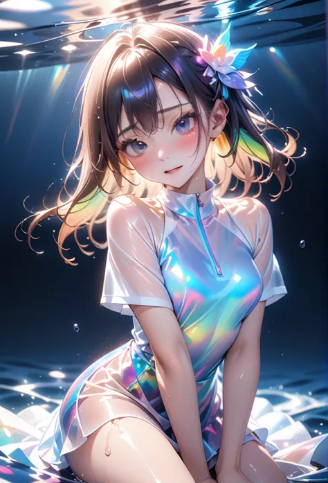 ((lying on a rubber floating on the sea)), ((rash guard)), ((swimsuit sides see-through)), (((the swimsuit is a vivid color))), ...