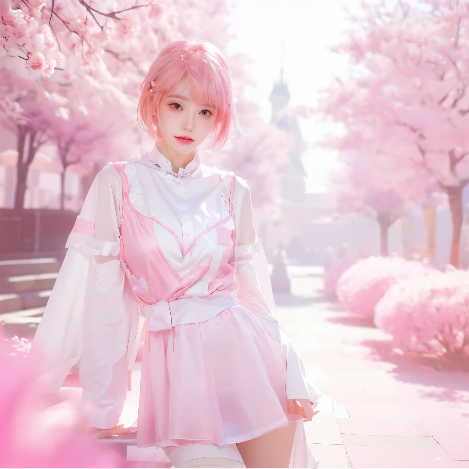 there is a woman Pink Hair and a white dress, 4K ], 4K], Gu Weiss, inspired by Yanjun Cheng, artwork in the style of Gu Weiss, a Surrealism schoolgirl, Pink Hair, 8k Artistic German Bokeh, Pink Girl, Popular content on cgstation, Surrealism , Xuan Yunzhu