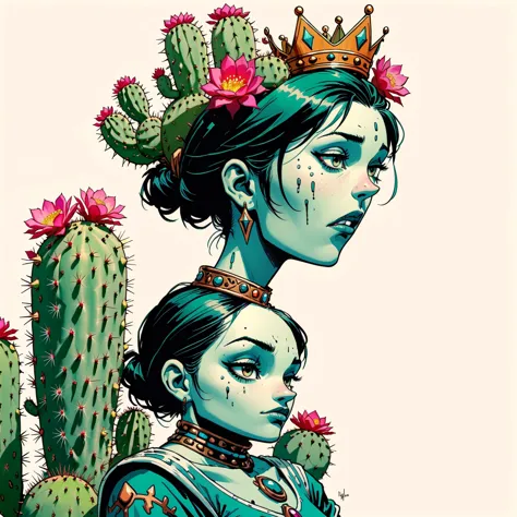 illustrate cactus princess, film screengrab, minimal, serene, perfect, strange, candid, cinematic, surreal, anthropomorphic cact...