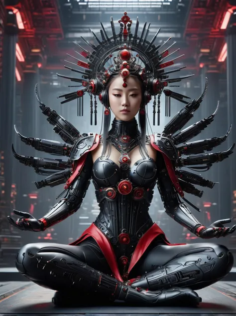 (Imagine:1.3), (full-body shot:1.5), 1 Red Cyberpunk Mechanical Girl, Many hands, meditation, Sitting cross-legged, 做meditation姿...