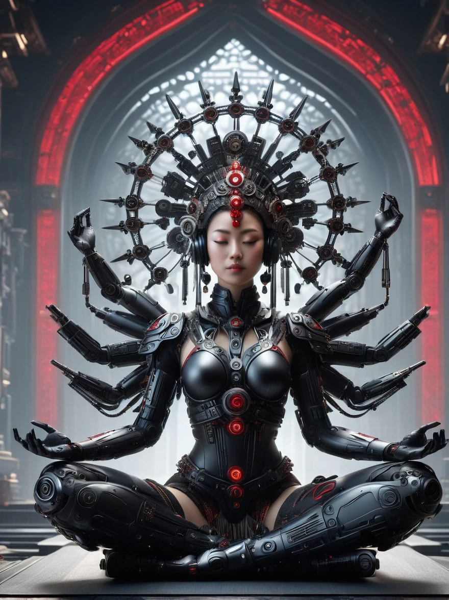 (Imagine:1.3), (full-body shot:1.5), 1 Red Cyberpunk Mechanical Girl, Many hands, meditation, Sitting cross-legged, Do meditation poses, Wearing an ornate headdress made of black metal parts, Precision mechanical body, Ultra-fine electronic components, Temple Background, Light, musical note hair ornament, Surrealism, Blind box toy styles, Futurism, Concept Art, Lightism, 神Light, symmetry, First-person perspective, Ultra wide angle, ultra HD, Anatomically correct, precise, masterpiece, The award-winning, 8k