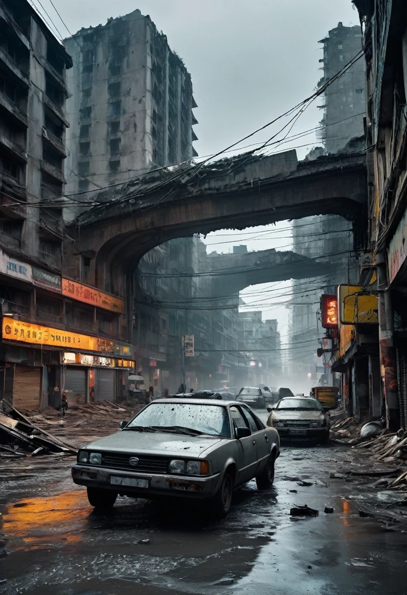 Image prise à une hauteur de 200 mètres, Là is a wide, viaduc courbe en béton gris en ruine dans le paysage, Il est soutenu par de larges et hauts piliers gothiques, Des voitures passent au-dessus du centre d'une ville moderne ultra futuriste abandonnée, com carros e ônibus rouillé, rouillé, sujos e rouillé, à l'envers dans la rue, a des bâtiments ronds et circulaires modernes et sales, en ruines et en train de s&#39;effondrer, style cyberpunk, environnement gris, ciel de nuit, sombre, la nuit, image avec des nuances de gris, pluie et flaques d&#39;eau sur le sol, la science-fiction, Apocalypse nucléaire avec de la fumée provenant des bâtiments, style madmax,  un paysage urbain avec des poteaux avec des feux de circulation éteints tombant et des fils de poteaux gisant sur le sol,  Là is a rouillé wire fence around the buildings, Il y a des panneaux d'affichage et des lumières qui sont éteintes et tombées des bâtiments, de nombreux bâtiments s&#39;effondrent à l&#39;horizon, Il y a des bâtiments effondrés;, des décombres et des ordures dans les rues, Là&#39;une fille habillée de saleté, des vêtements déchirés et une capuche descendant la rue en regardant l'horizon, aussi réaliste que possible, haute qualité, 4k, hyperdétaillé