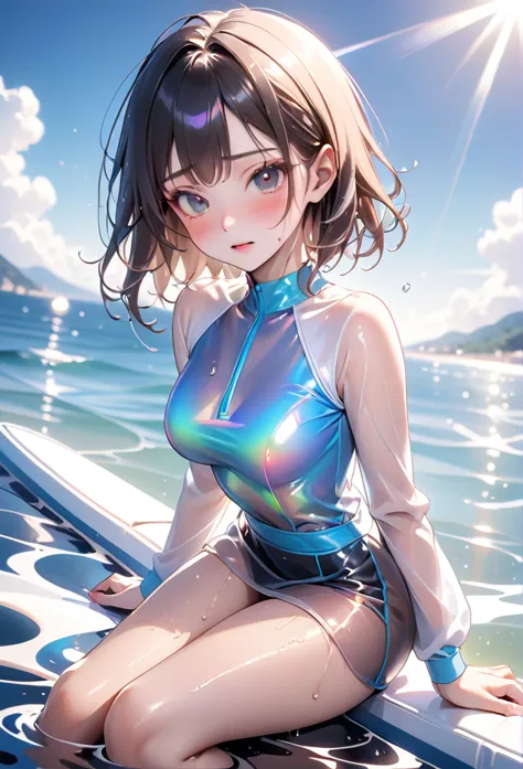 ((lying on a rubber floating on the sea)), ((rash guard)), ((swimsuit sides see-through)), (((the swimsuit is a vivid color))), ...