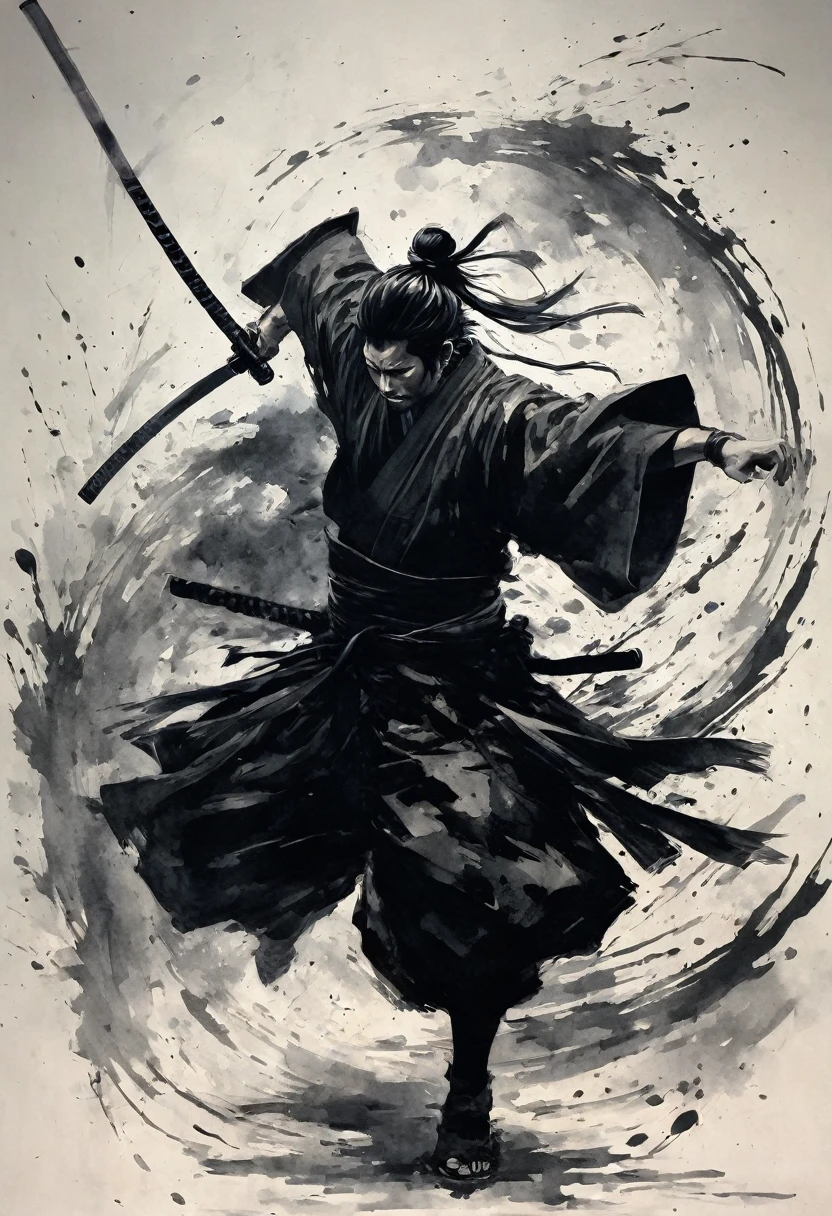 Ink painting,１color,whole body,smile,Medium Hair,Samurai,Black kimono,(haori),(Intense sword fighting scene with outstretched arms),Drawing strokes drawn with rot ring 0,Dynamic movement and powerful brushstrokes、splash,