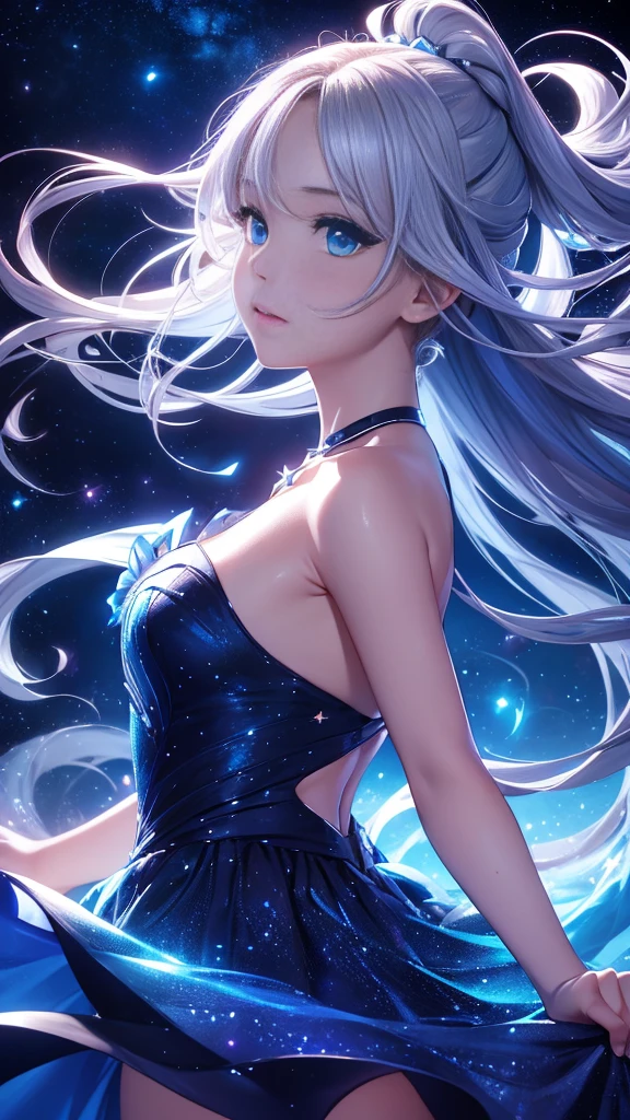 starの妖精、cute、Highest quality、Masterpiece、Official Art、The best dynamic composition、star、universe、流star群、xcdd, One girl, alone, dress, water遊び, star \(symbol\), Long Hair, Skirt Hold, water, white dress, Bare shoulders, null, night, Shine, blue eyes, Are standing, profile, Bare arms, Shine, Strapless, Braiding, star \(null\), Strapless dress, From the side, Outdoor, night null, avert your eyes