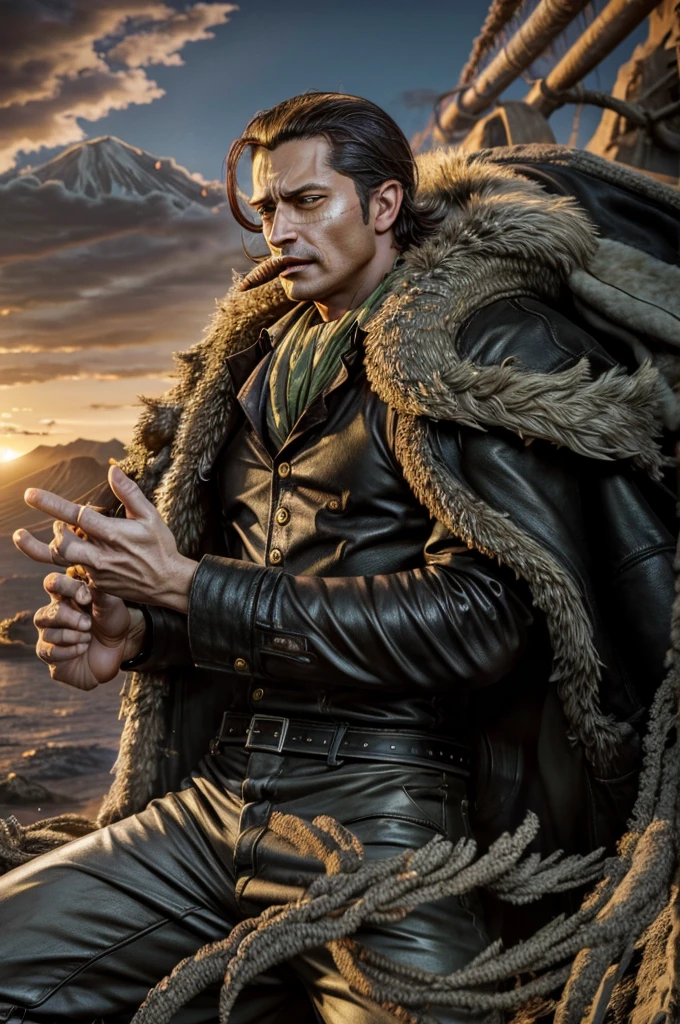 masterpiece, best quality, extremely detailed, hyperrealistic, photorealistic, a cool 40s man, ultra detailed face:1.2, fur-trimmed coat, scarf around the neck, his left hand is a golden pirate hook:1.1, cigar, skydiving:1.2, flying, floating, aerial view shot, volcanic island, magma raging
