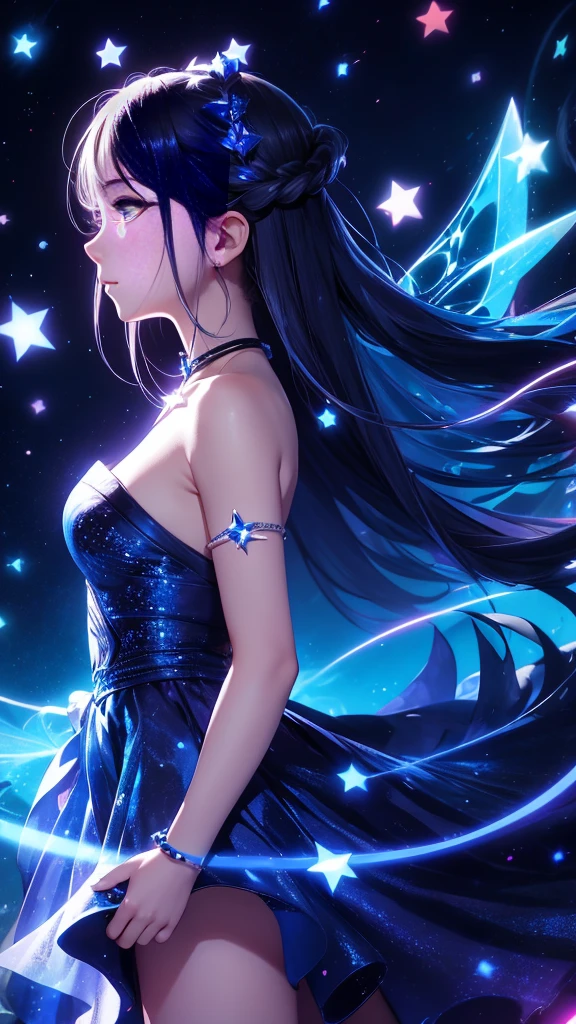 starの妖精、cute、Highest quality、Masterpiece、Official Art、The best dynamic composition、star、universe、流star群、xcdd, One girl, alone, dress, water遊び, star \(symbol\), Long Hair, Skirt Hold, water, white dress, Bare shoulders, null, night, Shine, blue eyes, Are standing, profile, Bare arms, Shine, Strapless, Braiding, star \(null\), Strapless dress, From the side, Outdoor, night null, avert your eyes、kejidengguang、background：Neon geometric patterns