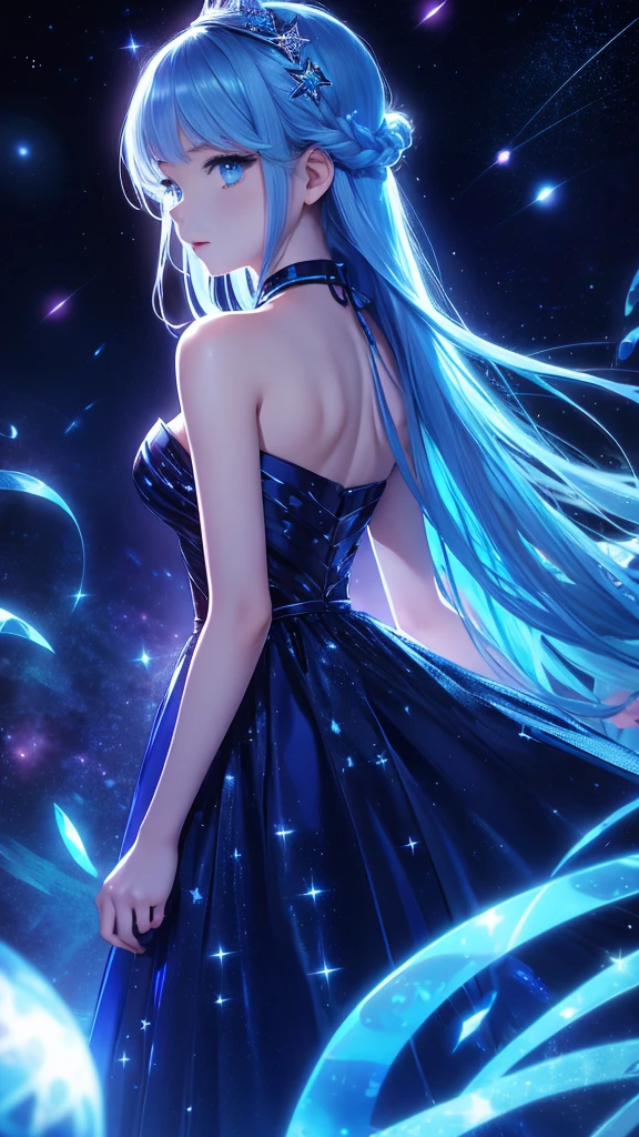 starの妖精、cute、Highest quality、Masterpiece、Official Art、The best dynamic composition、star、universe、流star群、xcdd, One girl, alone, dress, water遊び, star \(symbol\), Long Hair, Skirt Hold, water, white dress, Bare shoulders, null, night, Shine, blue eyes, Are standing, profile, Bare arms, Shine, Strapless, Braiding, star \(null\), Strapless dress, From the side, Outdoor, night null, avert your eyes、kejidengguang、background：Neon geometric patterns