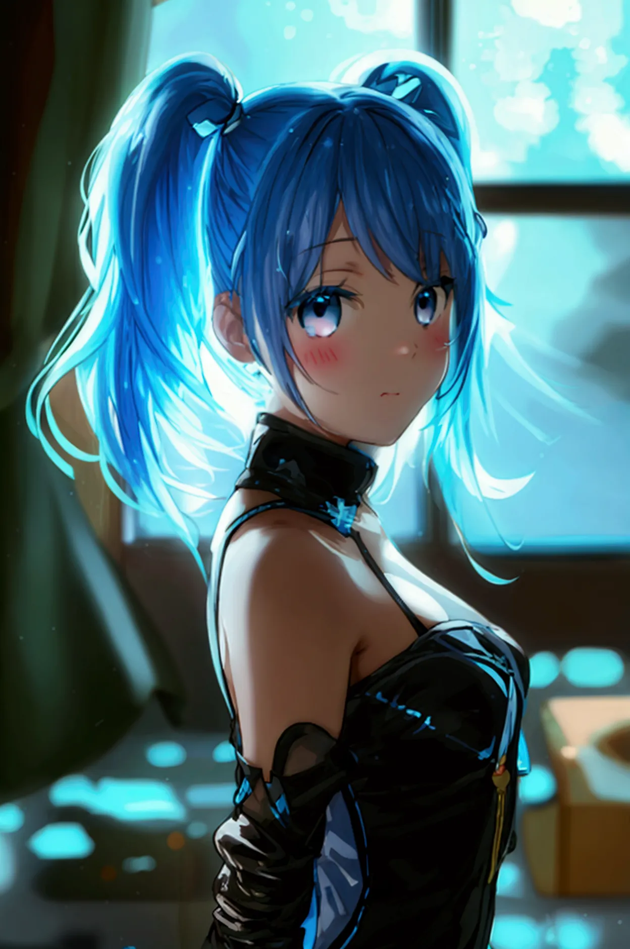 girl，black tights，light blue hair，twin tails