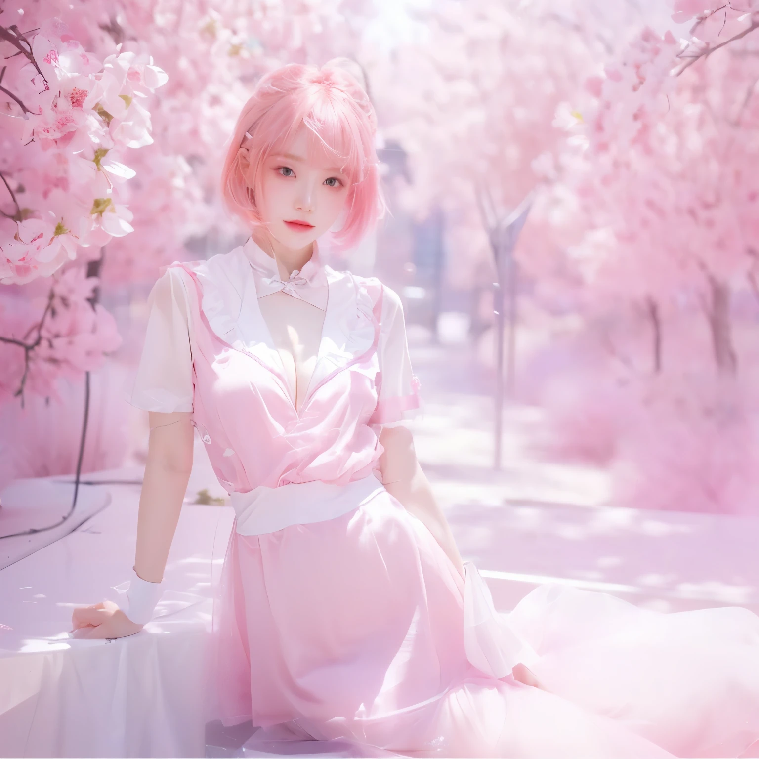 there is a woman Cabello rosado and a white dress, 4k ], 4k], Gu Weiss, inspired by Yanjun Cheng, Obra de arte al estilo de Gu Weiss., una colegiala surrealista, Cabello rosado, Bokeh artístico alemán de 8k, muchacha rosada, Contenido popular en cgstation, Surrealism , Xuan Yunzhu