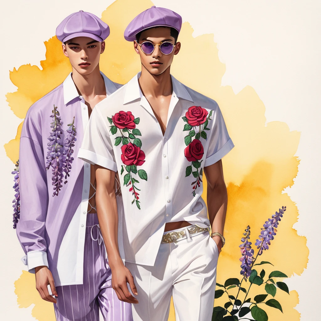 candid fashion illustration of young Mixed race 2man, both aged 18-23 year old, ((showcase fashion look book in linen outfits)), the design inspired by Lucifer Rose by Junko Kawamoto, in elegant chic style. The man wears an oversized short-sleeved shirt with a minimal rose embroidery details, paired with relaxed-fit white Short with Drawstring, He completes his look with white sneakers and round glasses. The boyfriend complements him in a skinny fitted speedo in a stripe pattern, semi bulge, He resemble includes an accessorizes with a hat and white sneakers, Captured in a low angle, ((full-body image)), ((Lucifer roses motifs background)), fashion sketching, realistic drawing, ((imperfect water color drawing background)), fashion look book, fashion illustrator, fashion sketch design, gay, gay couple, Lucifer Rose pearlized lilac tone and wisteria color with yellow stamens.