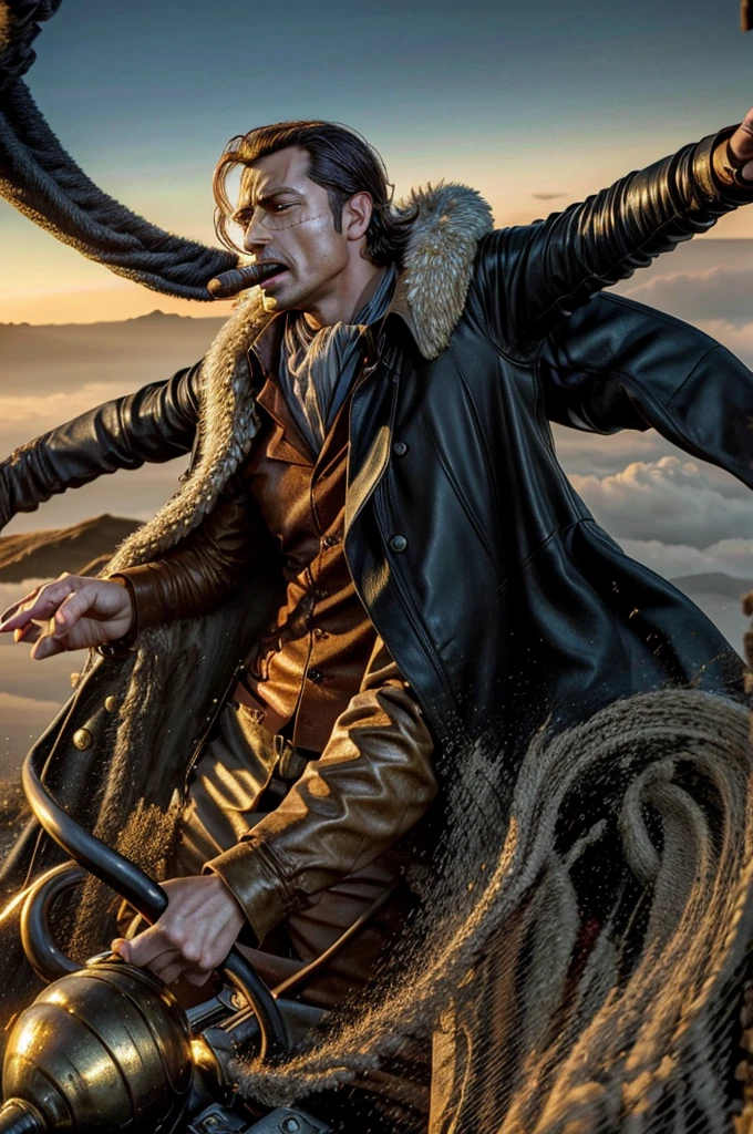 masterpiece, best quality, extremely detailed, hyperrealistic, photorealistic, a cool 40s man, ultra detailed face:1.2, fur-trimmed coat, scarf around the neck, his left hand is a golden pirate hook:1.1, cigar, skydiving:1.3, flying, floating, aerial view shot, volcanic island, giant volcano, magma raging