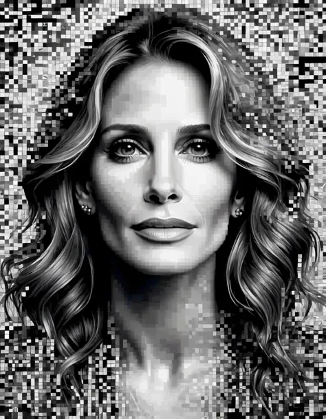 art of actress julia roberts whose face is made of pixelated images, in dark black and white style, Karl Kopinski, Detailed Pict...