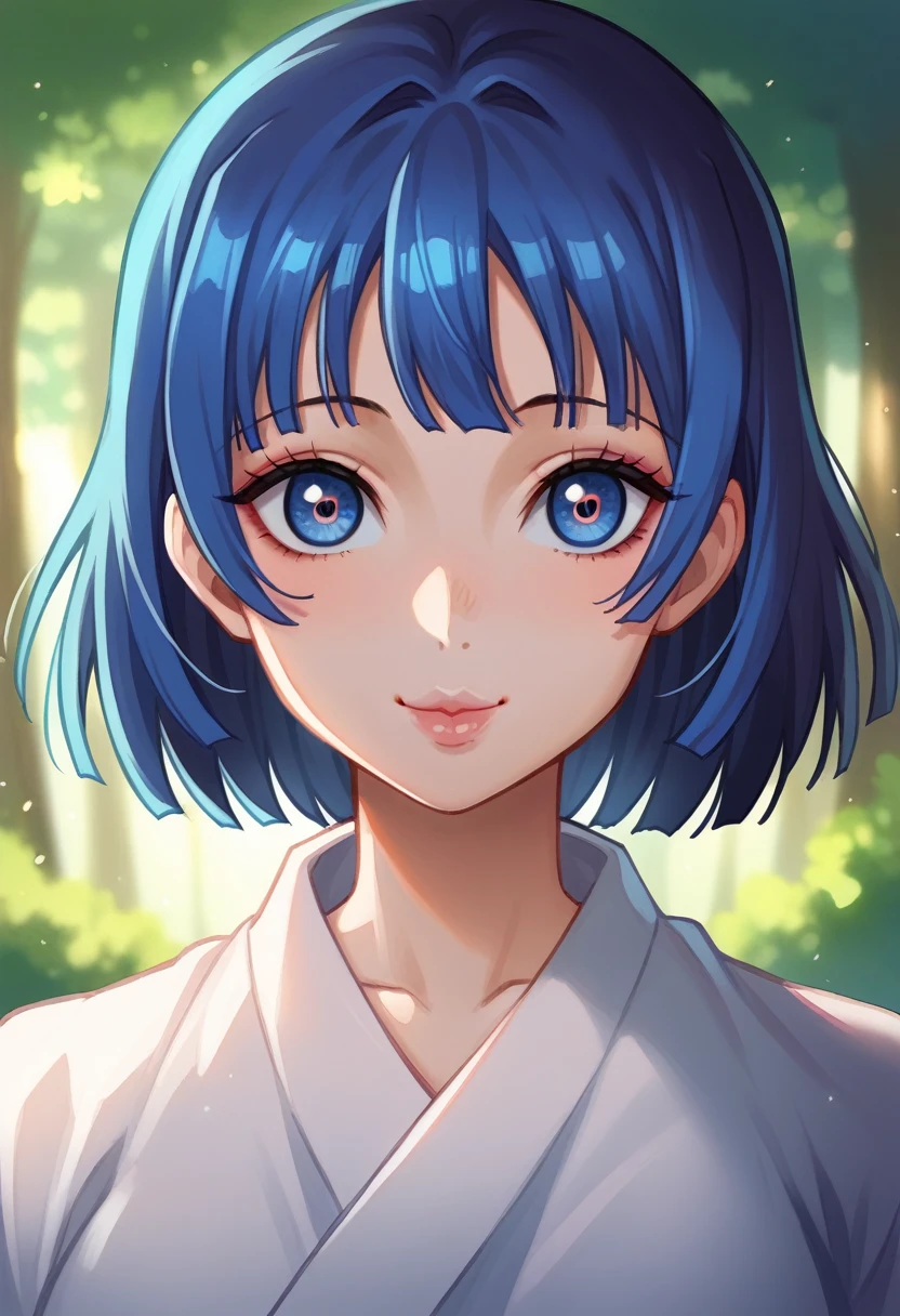 a cartoon character from Demon Slayer, 1girl, beautiful detailed eyes, beautiful detailed lips, extremely cute, smile cute, black and BLUE hair, BLUE Eyes,  usando uma saia, e vestindo um Haori branco, olhos azuis oceano, fundo de dia, background light day Forest. 