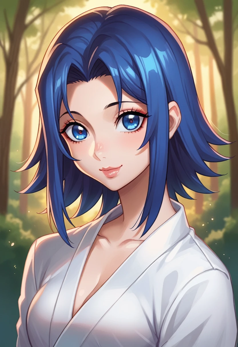 a cartoon character from Demon Slayer, 1girl, beautiful detailed eyes, beautiful detailed lips, extremely cute, smile cute, black and BLUE hair, BLUE Eyes,  usando uma saia, e vestindo um Haori branco, olhos azuis oceano, fundo de dia, background light day Forest. 