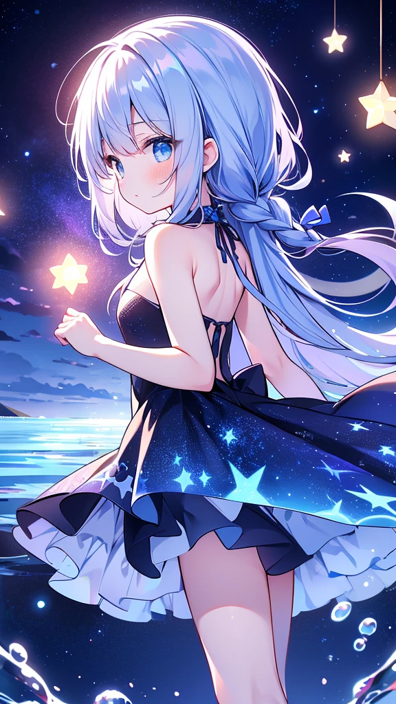 starの妖精、cute、Highest quality、Masterpiece、Official Art、The best dynamic composition、star、universe、流star群、xcdd, One girl, alone, dress, water遊び, star \(symbol\), Long Hair, Skirt Hold, water, white dress, Bare shoulders, null, night, Shine, blue eyes, Are standing, profile, Bare arms, Shine, Strapless, Braiding, star \(null\), Strapless dress, From the side, Outdoor, night null, avert your eyes、kejidengguang、background：Neon geometric patterns