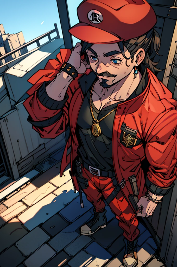 A high-quality, detailed Mario character, intricate details, photorealistic 3D rendering, dynamic lighting, cinematic angle, vibrant colors, bold shadows, muscular body, heroic expression, his mustache covering his smile, iconic red hat and jumpsuit, JoJo's outfit, red JoJo's outfit with gold parts, red JoJo's coat with gold parts, detailed facial features, expressive eyes, adventurous pose, JoJo's pose, lush and colorful environment, perfect composition, cinematic atmosphere, masterpiece, full-body shot, full-body, whole body, no background, completely blank background with no details, no tattoo