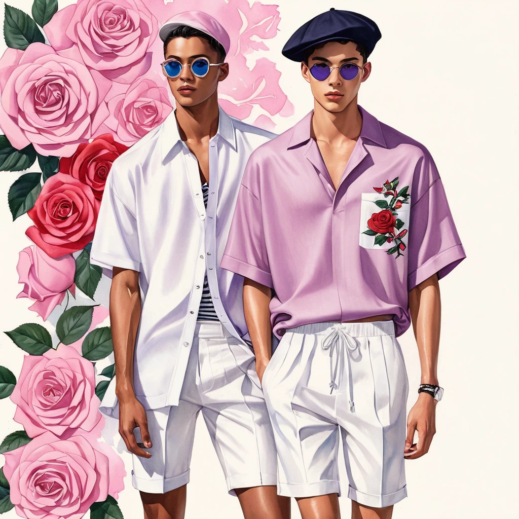 candid fashion illustration of young Mixed race 2man, both aged 18-23 year old, ((showcase fashion look book in linen outfits)), the design inspired by Lucifer Rose by KAWAMOTO Rose Garden, in elegant chic style. The man wears an oversized short-sleeved shirt with a minimal rose embroidery details, paired with relaxed-fit white Short with Drawstring, He completes his look with white sneakers and round glasses. The boyfriend complements him in a  skinny fitted speedo in a stripe pattern, semi bulge, He resemble includes an accessorizes with a hat and white sneakers, Captured in a low angle, ((full-body image)), ((Lucifer roses motifs background)), fashion sketching, realistic drawing, ((imperfect water color drawing background)), fashion look book, fashion illustrator, fashion sketch design, gay, gay couple, Lucifer Rose pearlised lilac tone.