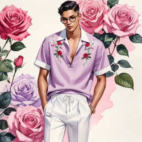 candid fashion illustration of young mixed race 2man, both aged 18-23 year old, ((showcase fashion look book in linen outfits)),...