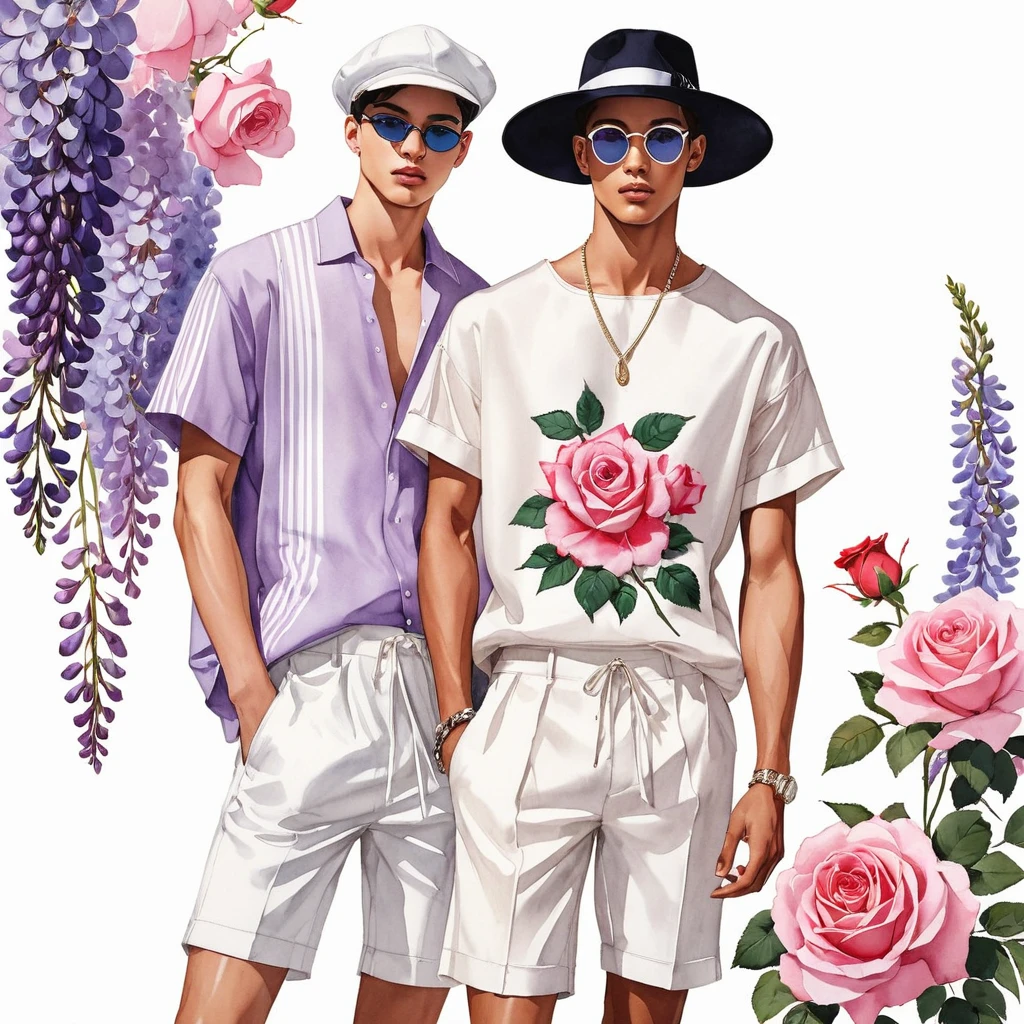 Offene Mode-Illustration von jungen Mixed Race 2man, beide 18-2 Jahre alt, ((showcase Mode-Lookbook in linen outfits)), Das Design inspiriert von Lucifer Rose von KAWAMOTO Rose Garden, im elegant-schicken Stil. Der Mann trägt ein übergroßes Kurzarmhemd mit minimalen Rosenstickerei-Details, gepaart mit einer weißen Shorts mit lockerer Passform und Kordelzug, Er vervollständigt seinen Look mit weißen Turnschuhen und einer runden Brille. Der Freund ergänzt ihn in einem eng anliegenden Speedo mit Streifenmuster, semi bulge, Er ähnelt einem Accessoire mit Hut und weißen Sneakers, Aus niedriger Perspektive aufgenommen, ((Ganzkörperbild)), ((Lucifer-Rosen-Motive im Hintergrund)), Mode-Skizzen, realistisches Zeichnen, ((unvollkommener Aquarellzeichnungshintergrund)), Mode-Lookbook, Modeillustrator, Mode-Skizze-Design, Fröhlich, Fröhlich couple, Lucifer Rose in perlmuttartigem Fliederton oder Blauregenton.