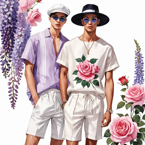 candid fashion illustration of young Mixed race 2man, both aged 18-23 year old, ((showcase fashion look book in linen outfits)),...