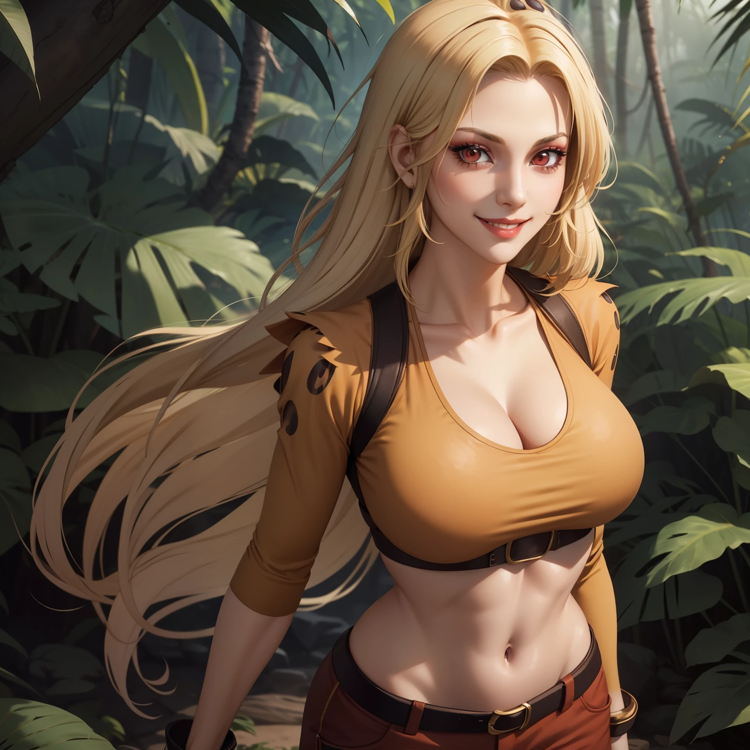 cheetara, 27 year old woman, blonde hair with black spots,  jaguar hair, Red eyes, eyeshadow, by rubio,  big breasts,  brown tops with leopard design, neckline,  shorts, background a jungle, SMILE.