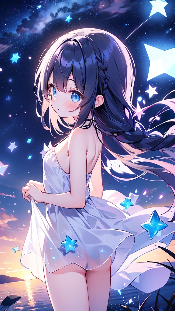 starの妖精、cute、Little fairy wings on her back、Highest quality、Masterpiece、Official Art、The best dynamic composition、star、universe、流star群、xcdd, One girl, alone, dress, water遊び, star \(symbol\), Long Hair, Skirt Hold, water, white dress, Bare shoulders, null, night, Shine, blue eyes, Are standing, profile, Bare arms, Shine, Strapless, Braiding, star \(null\), Strapless dress, From the side, Outdoor, night null, avert your eyes、kejidengguang、background：Neon geometric patterns