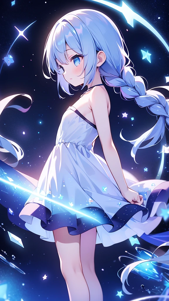 starの妖精、cute、Little fairy wings on her back、Highest quality、Masterpiece、Official Art、The best dynamic composition、star、universe、流star群、xcdd, One girl, alone, dress, water遊び, star \(symbol\), Long Hair, Skirt Hold, water, white dress, Bare shoulders, null, night, Shine, blue eyes, Are standing, profile, Bare arms, Shine, Strapless, Braiding, star \(null\), Strapless dress, From the side, Outdoor, night null, avert your eyes、kejidengguang、background：Neon geometric patterns