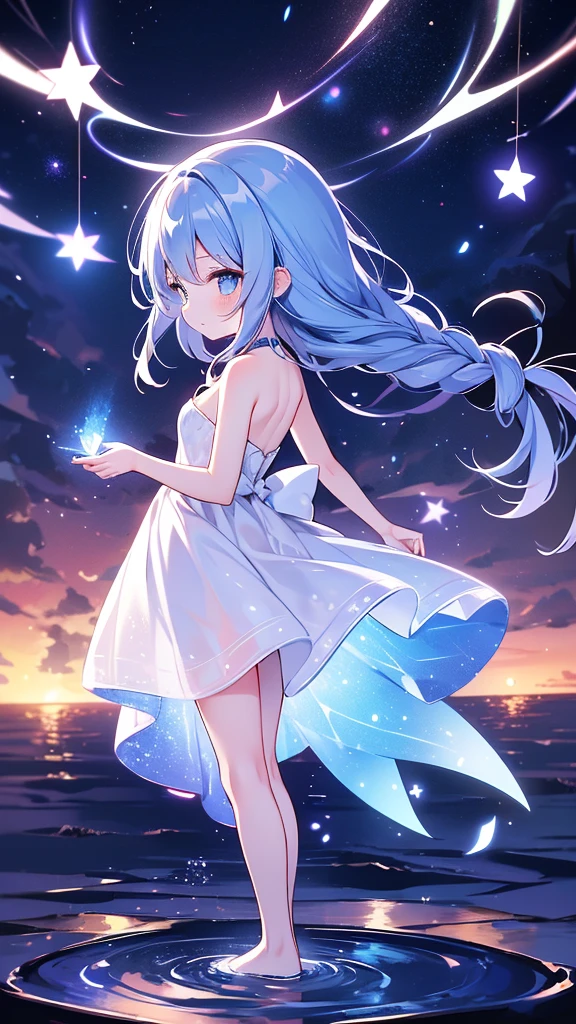 starの妖精、cute、Little fairy wings on her back、Highest quality、Masterpiece、Official Art、The best dynamic composition、star、universe、流star群、xcdd, One girl, alone, dress, water遊び, star \(symbol\), Long Hair, Skirt Hold, water, white dress, Bare shoulders, null, night, Shine, blue eyes, Are standing, profile, Bare arms, Shine, Strapless, Braiding, star \(null\), Strapless dress, From the side, Outdoor, night null, avert your eyes、kejidengguang、background：Neon geometric patterns、Turn your body towards the viewer