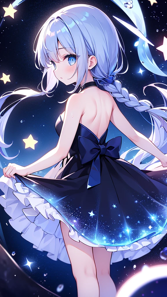 starの妖精、cute、Little fairy wings on her back、Highest quality、Masterpiece、Official Art、The best dynamic composition、star、universe、流star群、xcdd, One girl, alone, dress, water遊び, star \(symbol\), Long Hair, Skirt Hold, water, white dress, Bare shoulders, null, night, Shine, blue eyes, Are standing, profile, Bare arms, Shine, Strapless, Braiding, star \(null\), Strapless dress, From the side, Outdoor, night null, avert your eyes、kejidengguang、background：Neon geometric patterns、Turn your body towards the viewer