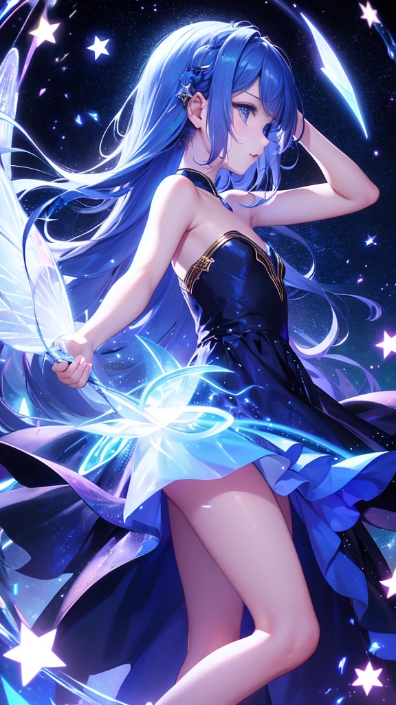 starの妖精、cute、Fairy Wings、Highest quality、Masterpiece、Official Art、The best dynamic composition、star、universe、流star群、xcdd, One girl, alone, dress, water遊び, star \(symbol\), Long Hair, Skirt Hold, water, white dress, Bare shoulders, null, night, Shine, blue eyes, Are standing, profile, Bare arms, Shine, Strapless, Braiding, star \(null\), Strapless dress, From the side, Outdoor, night null, avert your eyes、kejidengguang、background：Neon geometric patterns、Turn your body towards the viewer