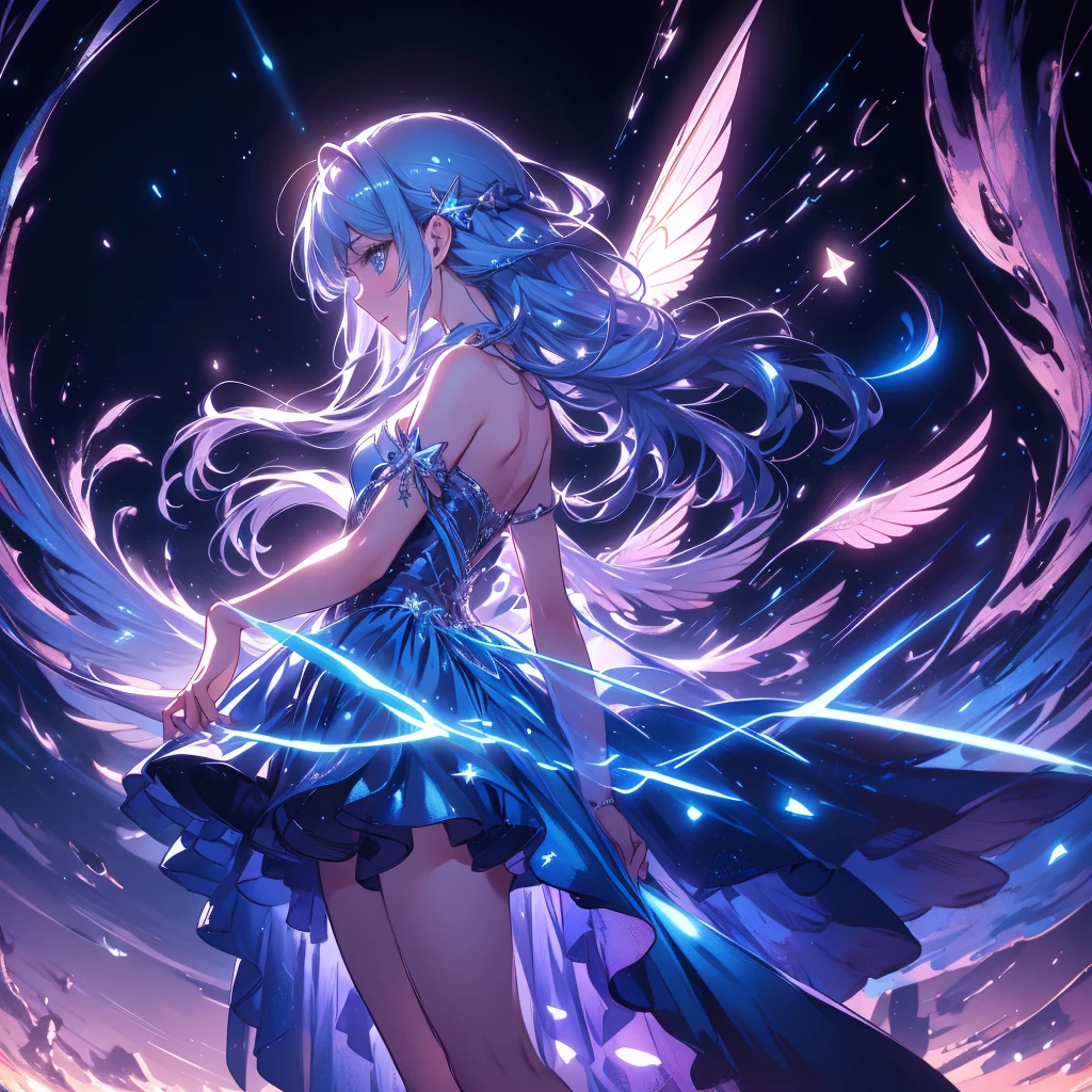 starの妖精、cute、Fairy Wings、Highest quality、Masterpiece、Official Art、The best dynamic composition、star、universe、流star群、xcdd, One girl, alone, dress, water遊び, star \(symbol\), Long Hair, Skirt Hold, water, white dress, Bare shoulders, null, night, Shine, blue eyes, Are standing, profile, Bare arms, Shine, Strapless, Braiding, star \(null\), Strapless dress, From the side, Outdoor, night null, avert your eyes、kejidengguang、background：Neon geometric patterns、Turn your body towards the viewer