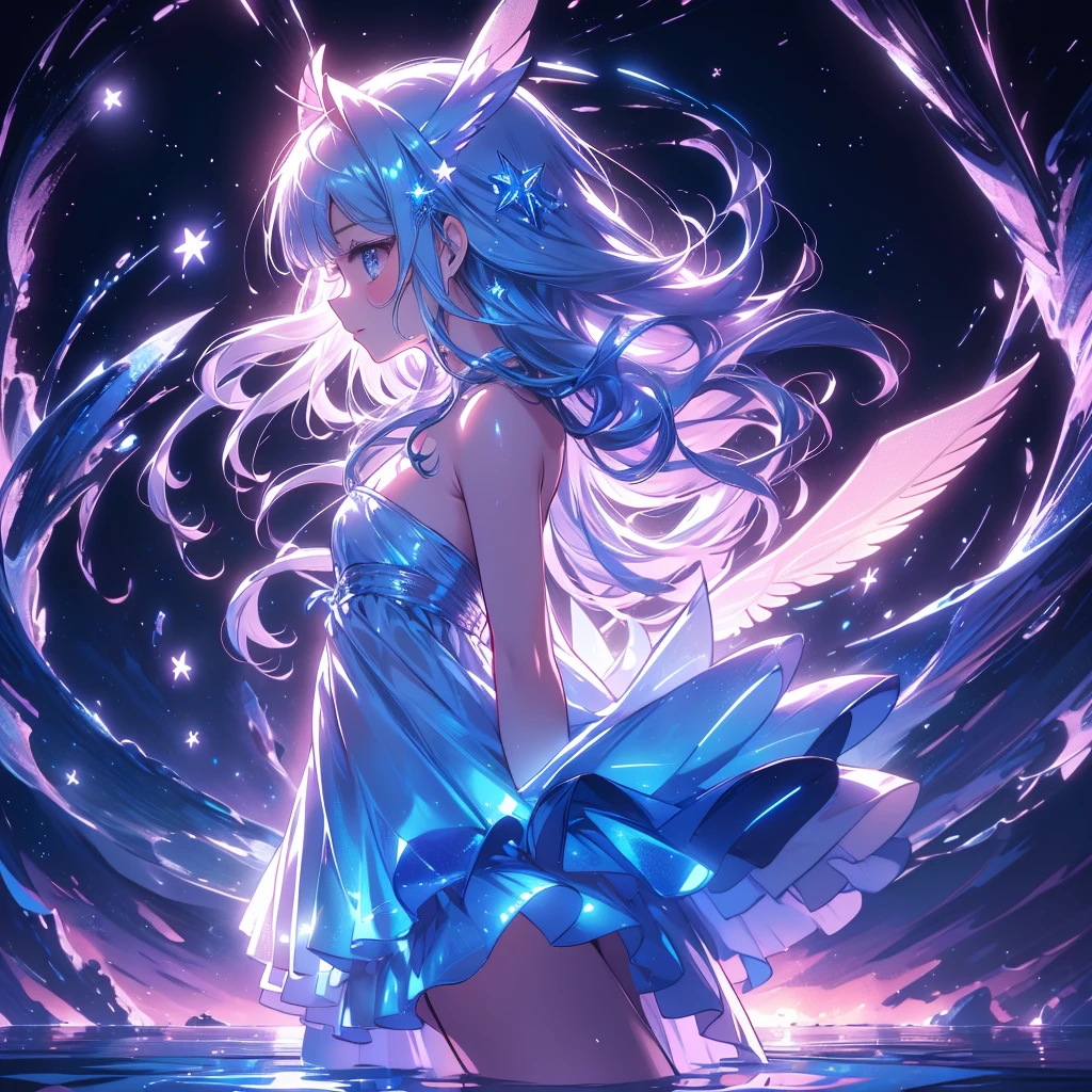 starの妖精、cute、Fairy Wings、Highest quality、Masterpiece、Official Art、The best dynamic composition、star、universe、流star群、xcdd, One girl, alone, dress, water遊び, star \(symbol\), Long Hair, Skirt Hold, water, white dress, Bare shoulders, null, night, Shine, blue eyes, Are standing, profile, Bare arms, Shine, Strapless, Braiding, star \(null\), Strapless dress, Outdoor, night null, avert your eyes、kejidengguang、background：Neon geometric patterns、front、