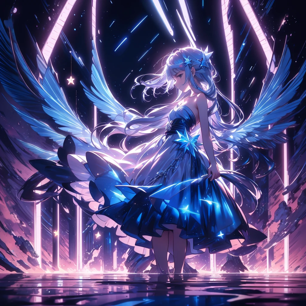 starの妖精、cute、Fairy Wings、Highest quality、Masterpiece、Official Art、The best dynamic composition、star、universe、流star群、xcdd, One girl, alone, dress, water遊び, star \(symbol\), Long Hair, Skirt Hold, water, white dress, Bare shoulders, null, night, Shine, blue eyes, Are standing, profile, Bare arms, Shine, Strapless, Braiding, star \(null\), Strapless dress, Outdoor, night null, avert your eyes、kejidengguang、background：Neon geometric patterns、front、