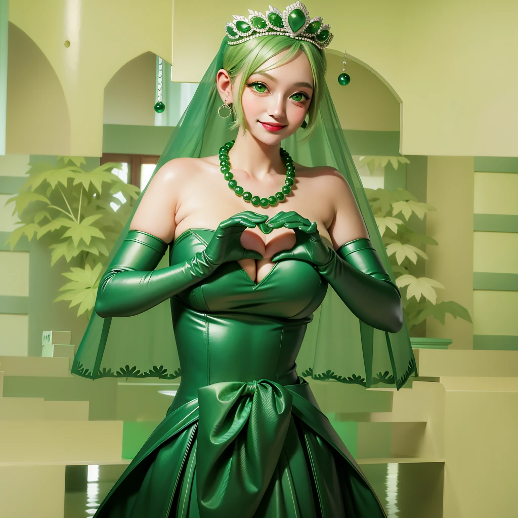 Emerald tiara, Green Pearl Necklace, ボーイッシュな非常に短いGreen Hair, Green Lips, Smiling Japanese woman, Very short hair, Busty beautiful lady, Green Eyes, Green satin long gloves, Green Eyes, Emerald Earrings, Green veil, Heart with both hands, Green Hair, Beautiful Japanese Woman, Heart shaped hands:1.3, green lip gloss