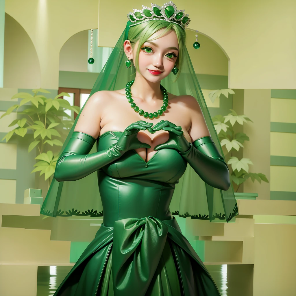 Emerald tiara, Green Pearl Necklace, ボーイッシュな非常に短いGreen Hair, Green Lips, Smiling Japanese woman, Very short hair, Busty beautiful lady, Green Eyes, Green satin long gloves, Green Eyes, Emerald Earrings, Green veil, Heart with both hands, Green Hair, Beautiful Japanese Woman, Heart shaped hands:1.3, green lip gloss