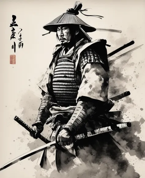 a samurai wearing traditional japanese armor is depicted in a dynamic, simple black and white ink-wash style.