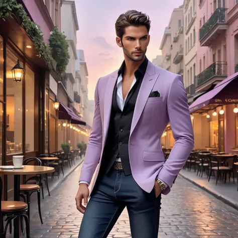 Depict Lucifer as a charismatic and sophisticated figure dressed in a casual yet elegant light purple outfit. He is a striking p...