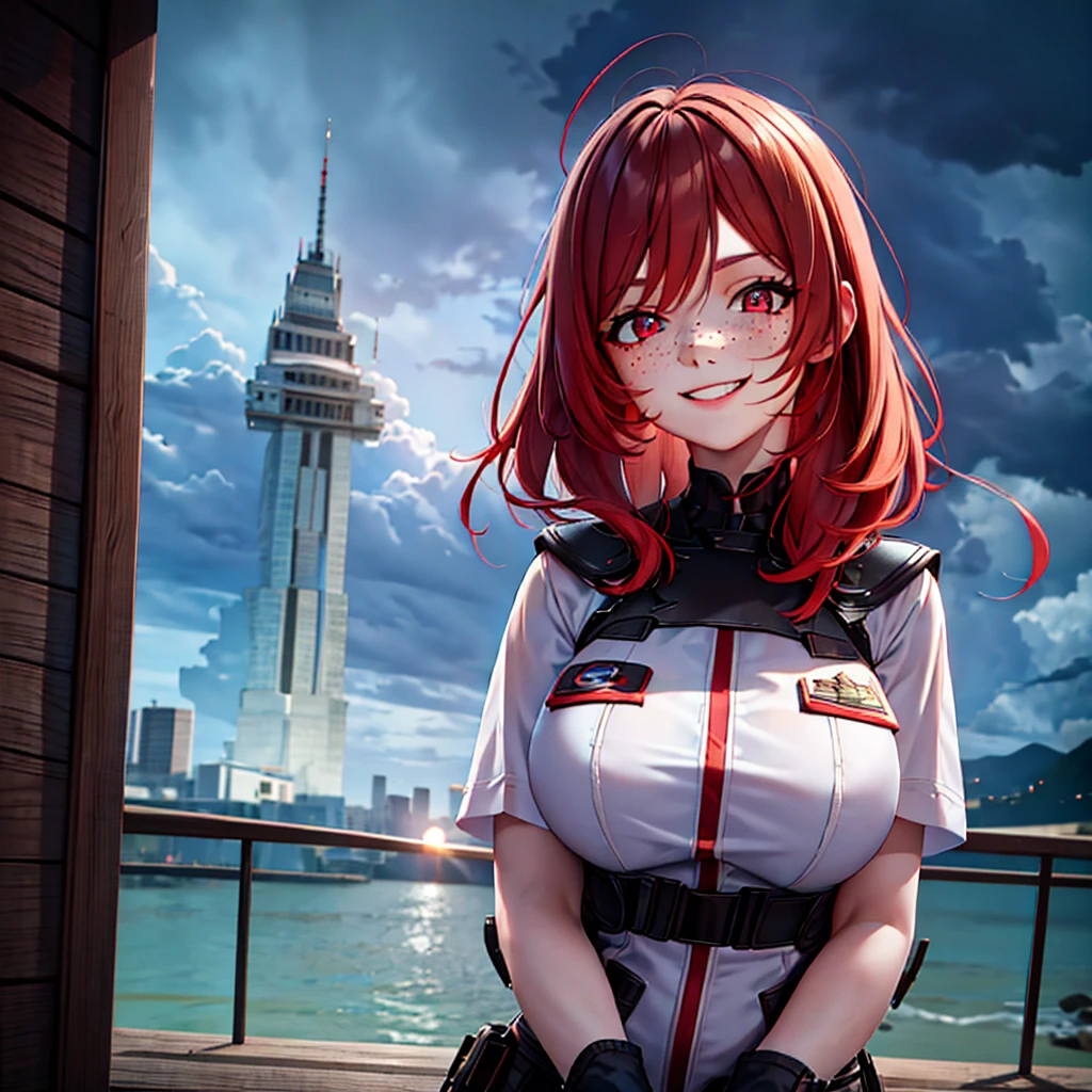 A girl with red hair, Lolita hairstyle, freckles on her face, pale skin, smiling, in a stormy city, wearing soldier's clothing, with a moon in the background, high-quality 4K image, (((pechos grandes)))