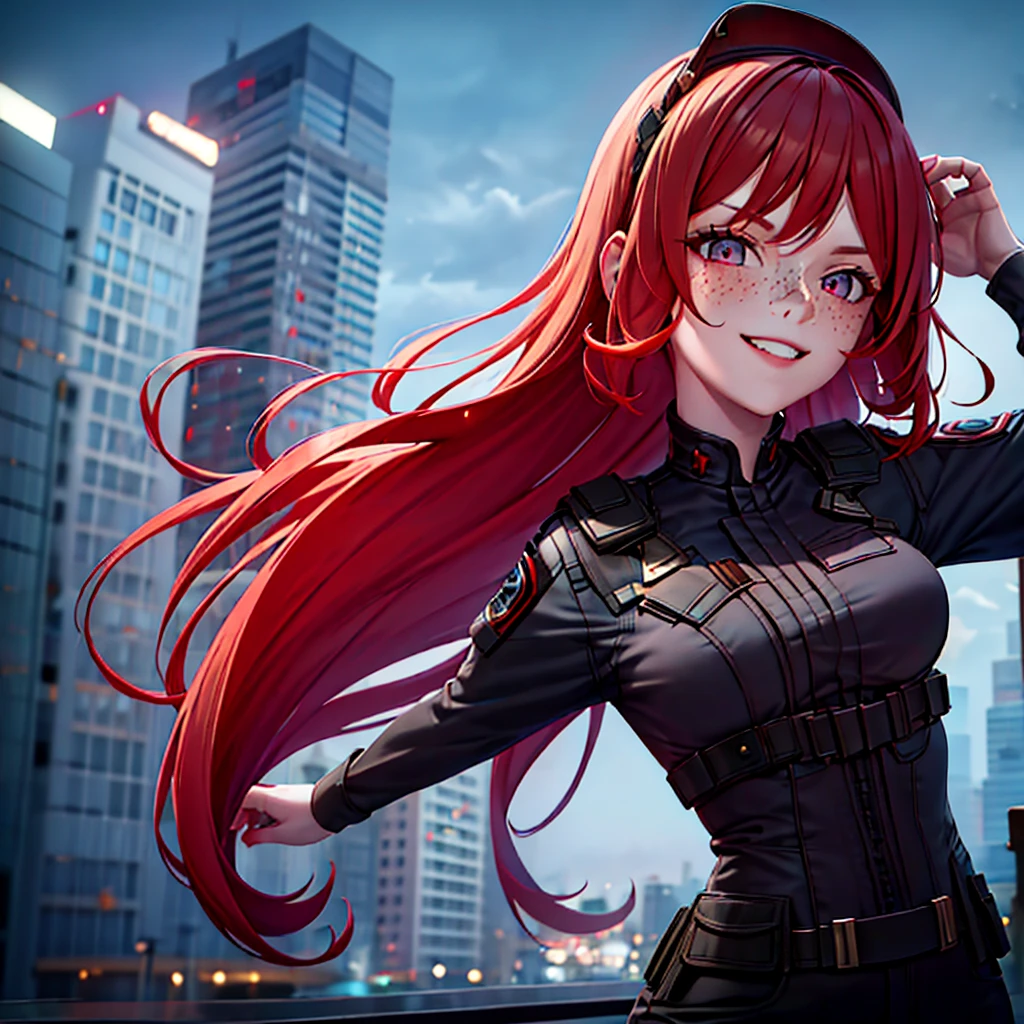 A girl with red hair, Lolita hairstyle, freckles on her face, pale skin, smiling, in a stormy city, wearing soldier's clothing, with a moon in the background, high-quality 4K image, (((pechos grandes)))